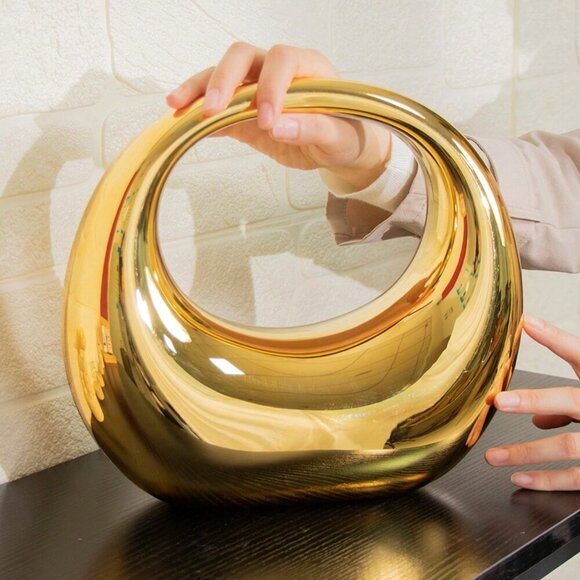 Handbags - Gold Glamorous Women's Metal Color Evening Bag With Circular & Crescent Patterns